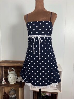 7day wknd Coquette Navy & White Polka Dot Lace Layered Dress Sz Medium